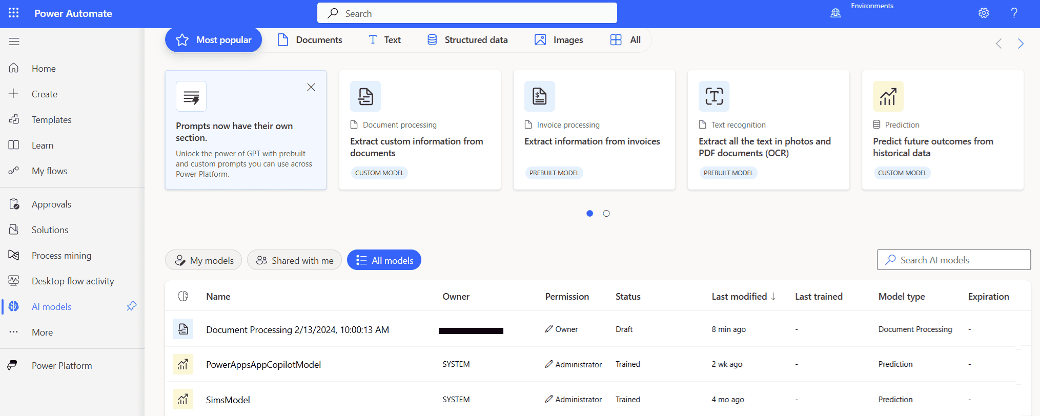 What is Power Automate AI Builder Homepage