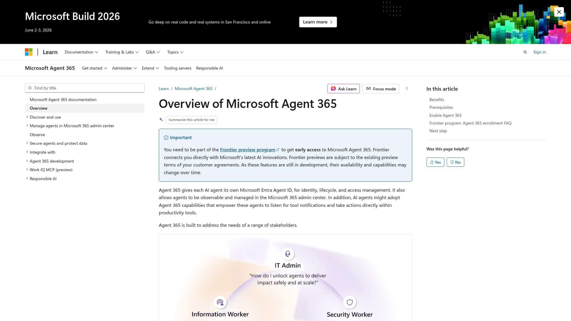 Microsoft Learn: Agent 365 overview page explaining the control plane approach